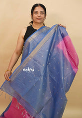 Magenta Pink with Greyish Blue - Soft Tissue khadi zari Border with buttas